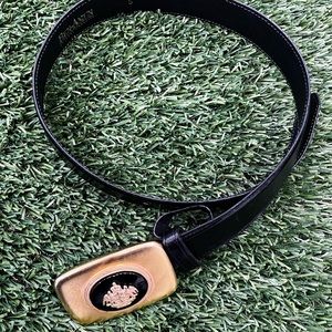 Ben-Amun Black Leather Belt with Gold Emblem Buckle